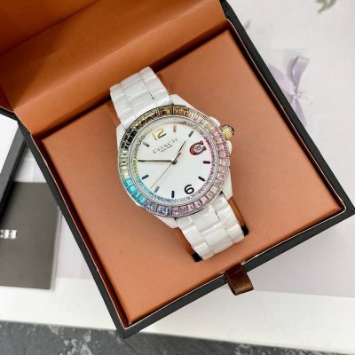 Coach蔻驰Greyson系列七彩渐变时标陶瓷女表手表.型号：14504019.尺寸：36Mm带按钮蝴蝶扣！