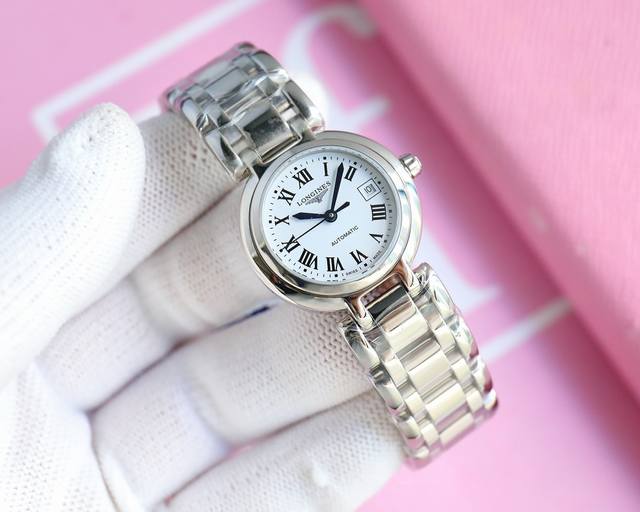 钻100 Longines 浪琴心月系列机械女款 1:1的外观28毫米尺寸.搭配精磨2671全自动机芯.表壳精选精钢材质.表圈独特设计玲珑有致.搭配五链环精钢表