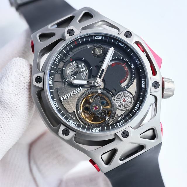 最新改款 Hublot 宇舶表 Jr4 恒宝 Techframe Ferrari 法拉利70周年陀飞轮计时腕表.采用法拉利开发跑车的创意流程设计腕表. 引擎 机