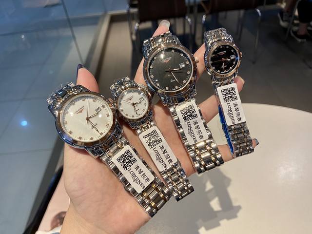 白壳 枚金 浪琴-Longines 索伊米亚系列 经典情侣对表 拱形玻璃镜面 316精钢表带 搭载进口石英机芯 尺寸 男40Mm 女33Mm 厚度12Mm 经典