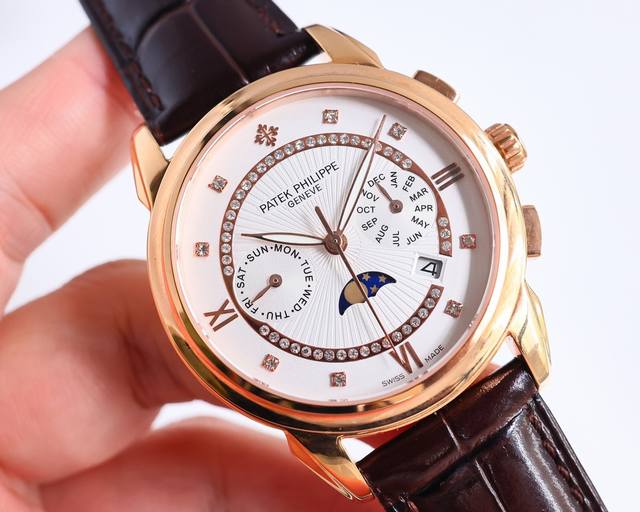 白壳 金壳 Pp最新款式 百达翡丽patek Philippe 搭配进口9100多功能机芯 零返修 功能 24小时,星期 星辰 月份 进口316精钢 搭配意大利