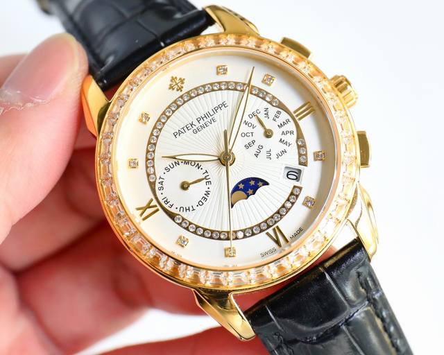 白壳 金壳 Pp最新款式 百达翡丽patek Philippe 搭配进口9100多功能机芯 零返修 功能 24小时,星期 星辰 月份 进口316精钢 搭配意大利