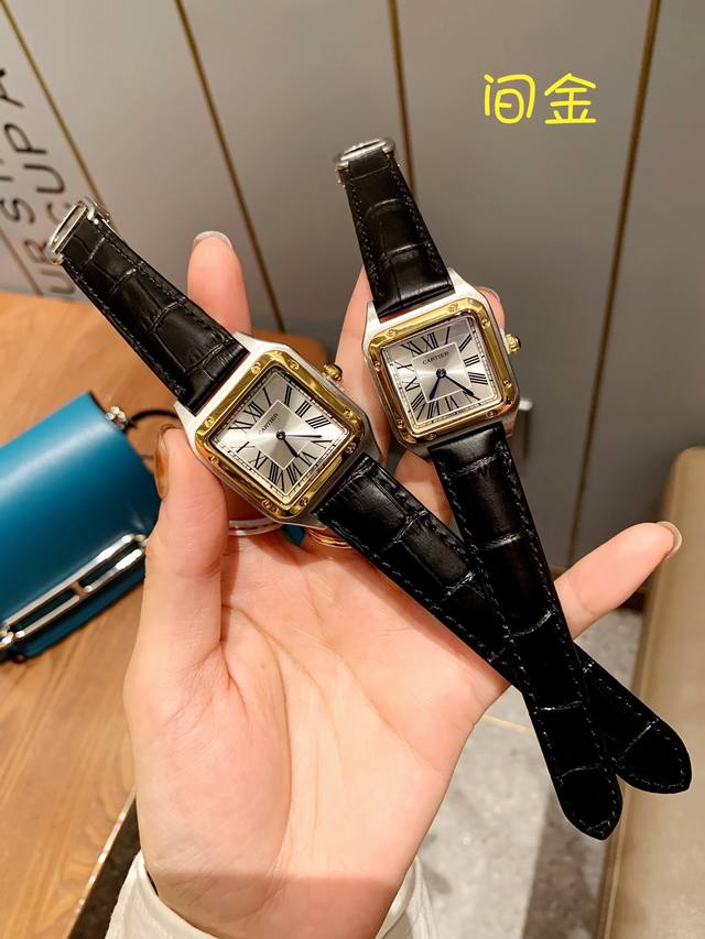 间金壳～～ Cartier、山度士、新款超薄表盘、螺丝底盖、原装扣～尺寸：小号38*27.5，大号43.5*31.4～～