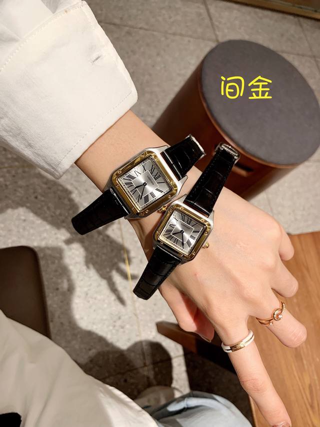 间金壳～～ Cartier、山度士、新款超薄表盘、螺丝底盖、原装扣～尺寸：小号38*27.5，大号43.5*31.4～～