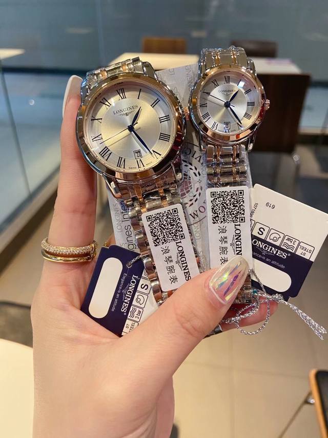 白 玫 浪琴 Longines 索依米亚女表系列 原装进口日本石英机芯 316L精钢表带， 传统三针设计 6字位日历星期显示 原装蝴蝶扣 尺寸：女款30Mm ，