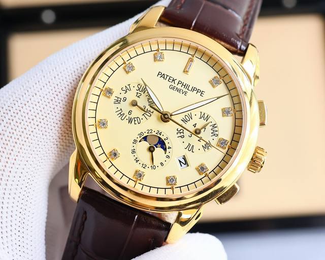 白 -金 。新品百达翡丽 Patek Philippe 复杂功能系列男士腕表，奢华优雅，经典的设计无惧时间的考验，镶嵌施华洛钻作为刻度更显示出华贵气质！搭载原装