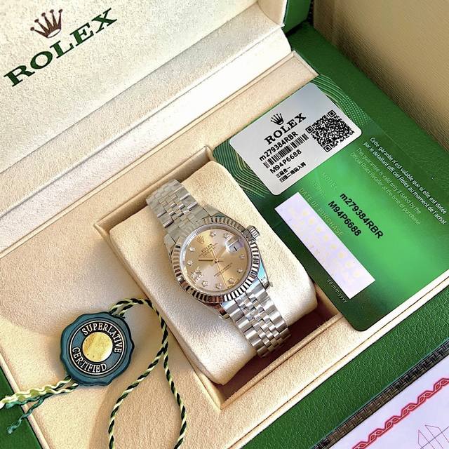 真钻款 劳力士rolex女款蚝式日志型腕表！表壳直28毫米。银白色表盘镶嵌10颗天然真钻时标，配国检gtc检测证书一表一遍码可扫可查，手表机身码 保卡 官网入检