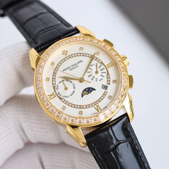 白壳 金壳 百达 翡丽patek Philippe 复杂系列六针男表爆款 多功能腕表！ 1搭载原装进口9100星期月份月相动能功能机芯机械表！ 2表盘上采用经典