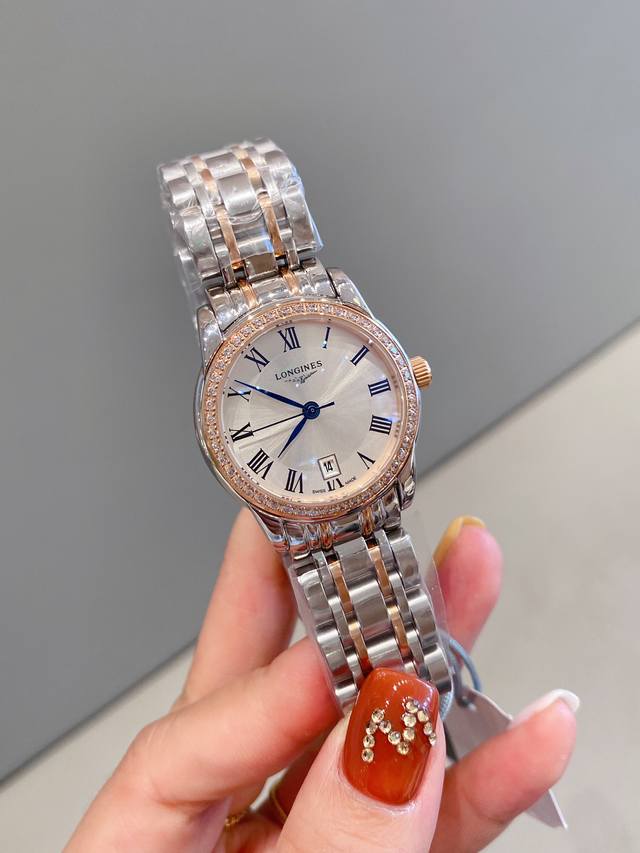 批白 金 钻圈30 浪 琴 Longines 索依米亚女表系列 原装进口日本石英机芯 316L精钢表壳 钢化镜面 传统三针设计 6字位日历星期显示 原装蝴蝶扣