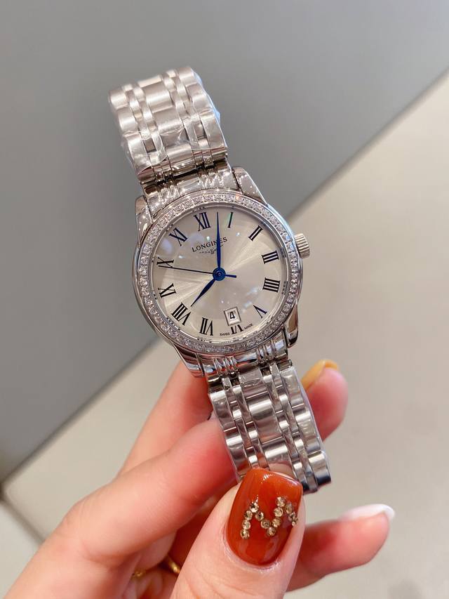 批白 金 钻圈30 浪 琴 Longines 索依米亚女表系列 原装进口日本石英机芯 316L精钢表壳 钢化镜面 传统三针设计 6字位日历星期显示 原装蝴蝶扣