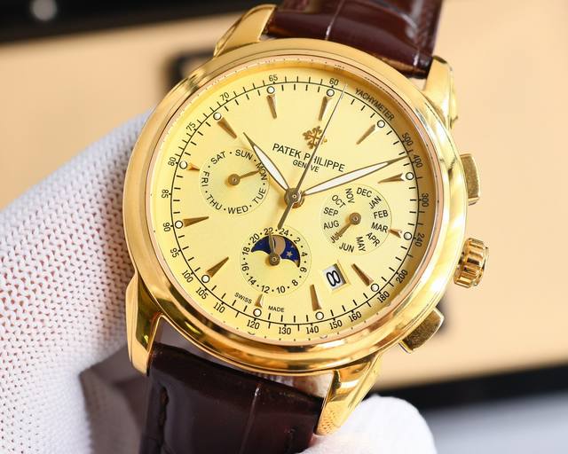 白 -金 百达翡丽patek Philippe 复杂功能腕表，典雅高贵，搭配进口9100机芯 零返修 功能 24小时,星期，星辰，月份 进口316精钢！搭配意大