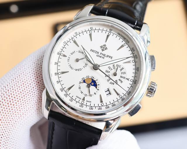 白 -金 百达翡丽patek Philippe 复杂功能腕表，典雅高贵，搭配进口9100机芯 零返修 功能 24小时,星期，星辰，月份 进口316精钢！搭配意大