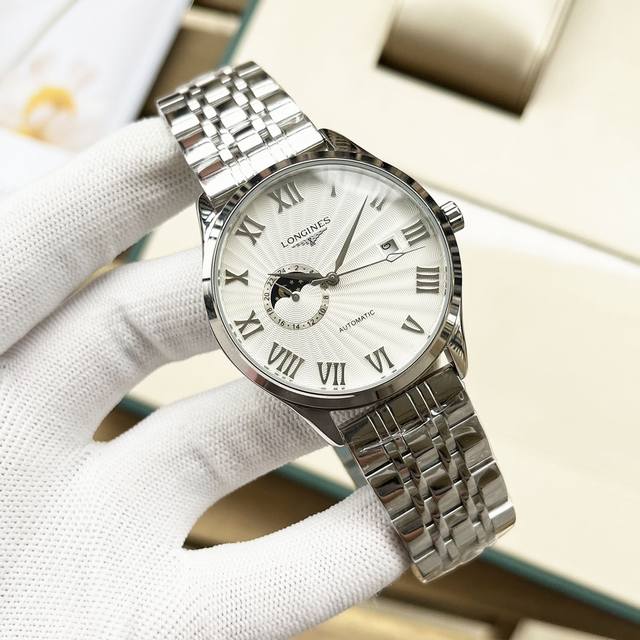 白 -金 钢带+20。浪琴-Longines 精品男士腕表尊贵大气，绅士风范，卓越品质，热卖全城。采用全自动机械机芯，顶级316精钢表壳，矿物质超强镜面，尺寸4