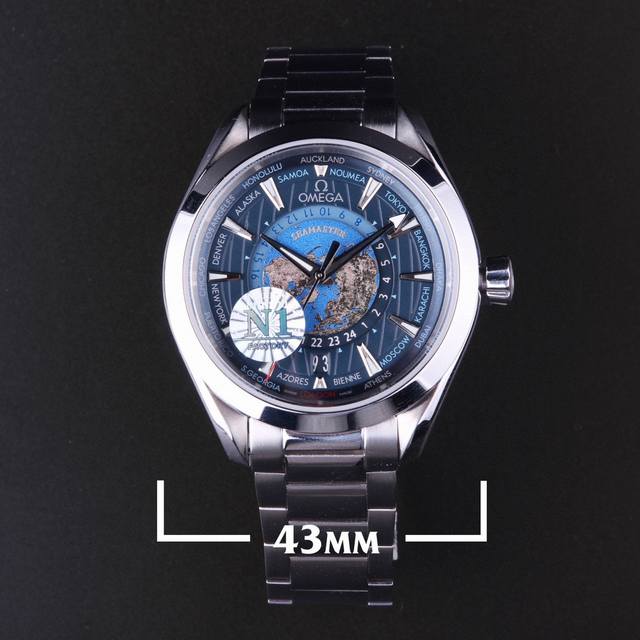 Sj出品 N1Factory 欧米茄 Omega 海马系列220.10.43.22.03 1 欧米茄世界时腕表 激光烧蚀蓝色海洋，陆地浮雕勾勒，24小时hesa