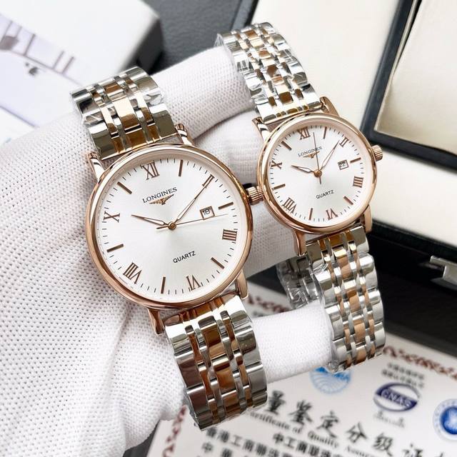 白 金 钢带加20 品牌： 浪琴-Longines 类型：情侣对表 表壳：316精钢 做工优质 表带：进口小牛皮 316精钢 两种可选 机芯：进口石英机芯 走时