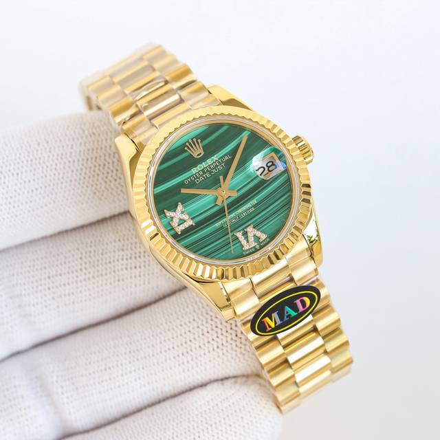 Mad 劳力士 Rolex 绚丽多彩的日志31孔雀石！日志系列31Mm Rv1 天然孔雀石，每一块都是独一无二 蚝式表壳，防水象征 腕表直径31Mm，厚度跟原装