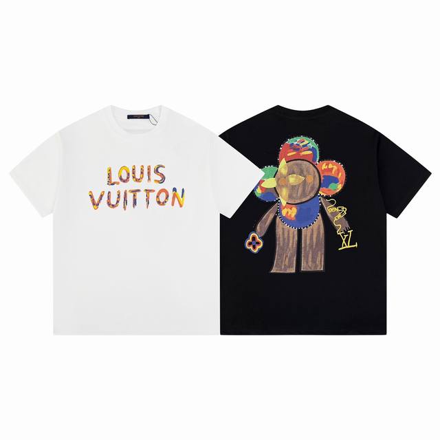 Louis Vuitton 路易威登秀场限定24Ss新款lv字母后背太阳花白墨数码印花圆领短袖t恤 280重磅纯棉，随意对比 采用特定重磅32S精棉平纹针织面料