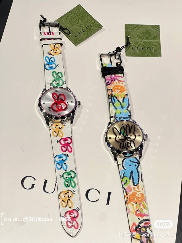 原单厂gucci G- Timeless 系列w碗表，为了庆祝兔年，品牌推出色彩靓丽的全新设计腕表，表盘直径为38 Mm，精钢表壳，玻璃上饰有gucci兔子印花