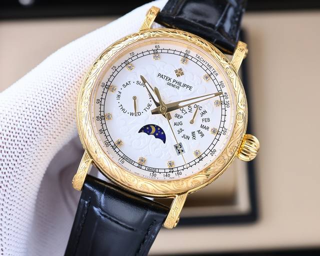 白 -金 百达翡丽patek Philippe复杂功能系列-纯手工-雕花腕表-惊艳登场，42毫米的表径适配大众男性手寸，非常商务可亦休闲。整表表壳手工雕刻花纹，