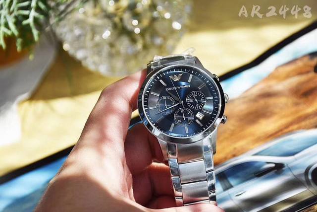 品牌阿玛尼armani 型号：Ar2458白面ar2448蓝面 Ar2434黑面 进口石英机芯'矿物强化玻璃镜面'不锈精钢表带隐形双锁扣'三眼计时日期窗口'巴塞