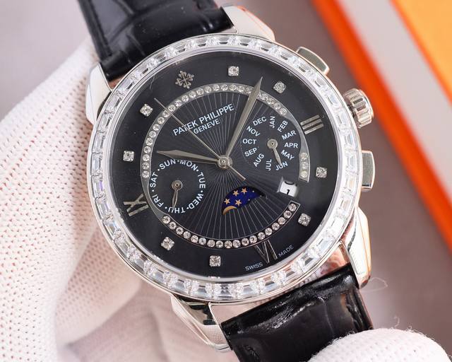 白壳 金壳 百达 翡丽patek Philippe 复杂系列六针男表爆款 多功能腕表！ 1搭载原装进口9100星期月份月相动能功能机芯机械表！ 2表盘上采用经典