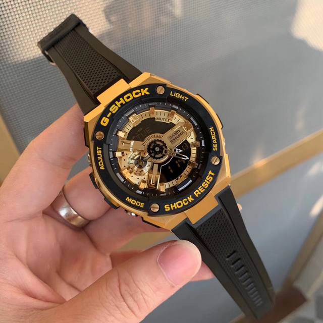 卡西欧gst-400G系列、G-Shock经典防震表盘设计、配合冲击视觉的强烈色彩、抬手自动亮灯、Lcd液晶显示盘、精确到1 0秒的秒表计速功能、防震、防磁、4