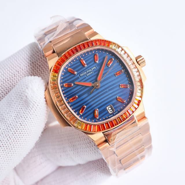 SJ出品 GR 百达翡丽 PP R69 Nautilus女式腕表推出全新珠宝款式 赠送价值288旅行便捷定制手表表盒 八角形表圈镶饰双排68颗长形锰铝榴石，呈现