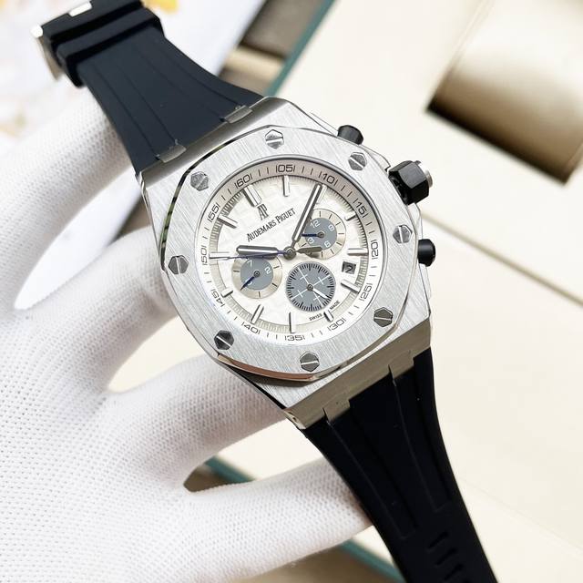 白 -金 爱彼-Audemars Piguet 皇家橡树离岸型系列 防炫光处理矿物质玻璃 尺寸42Mm*14Mm ，防水胶带配ap字样原装针扣 搭载复刻原装31