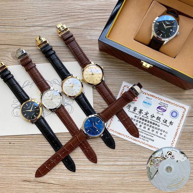 金+20浪琴 Longines 精品男士腕表，经典大三针设计，尊贵大气，绅士风范，卓越品质，热卖全城。采用全自动机械机芯，顶级316精钢表壳，进口小牛皮表带，矿