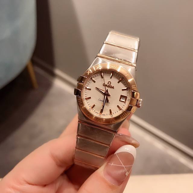 欧米茄Omega 双鹰系列 机械日历女款 精钢材质 间玫瑰金色 白色表盘 27Mm