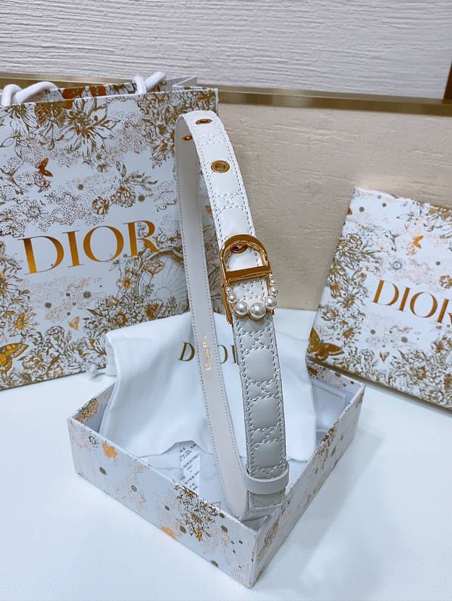 特 Dior Montaigne Jolie Belt 光滑小牛皮和白色树脂珍珠 饰有*Christian Dior*标志 羊皮菱格腰带2.0Cm