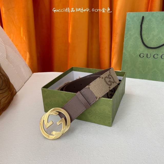 特 Gucci 经典款进口原厂皮拼接刺绣Logo布面 搭配原版皮底 精品钢扣 宽4.0 Cm 经典永不过时款 潮流大方 时尚百搭