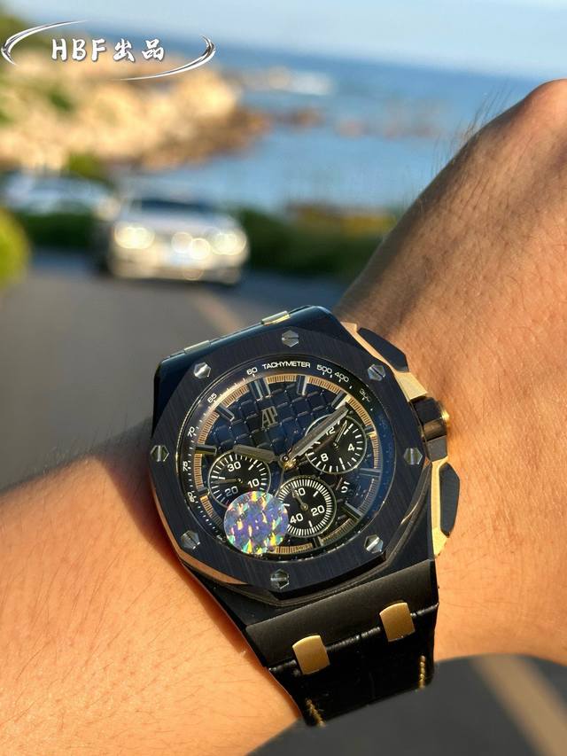 最新款爱彼，陶瓷圈口版本爱彼Audemars Piguet 皇家橡树离岸型限量多功能计时机械腕表 尺寸44Mm17Mm 圈口圈口是与原装一致采用进口陶瓷圈口把头