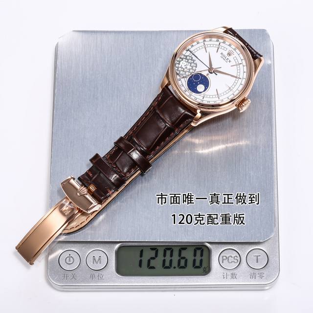 R配重版本： 金白同价 R+ Factory 120克配重版 Rolex切利尼月相型面市 原版尺寸：39Mm13.2 定制版红轮Cal.3195型机芯还原原装所