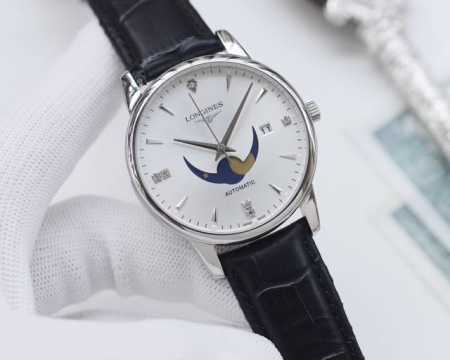 白壳 ，金壳 钢带20 品牌：浪琴-Longines 类型：男士腕表 壳套：顶级版316精钢l 表带：进口小牛皮表带 316L精钢表带 机芯：全自动机械机芯 镜 - 点击图像关闭