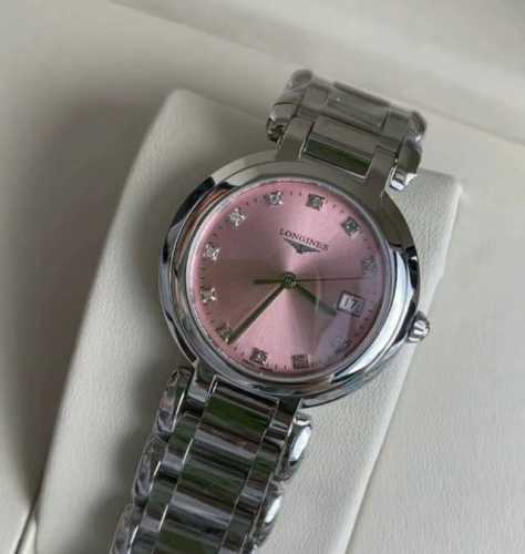 Longines浪琴 心月系列 石英机芯 30米防水 女表 瑞表 30Mm 粉色表盘 精钢精钢表壳 精钢精钢表带