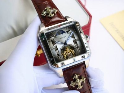 卡地亚-Cartier 方型男士腕表 顶级版316L精钢表壳，表带采用进口小牛皮表带，搭载全自动进口机械机芯，矿物质防刮镜面玻璃，尺寸：直径44Mm厚12Mm