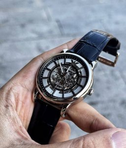 Emporio Armani阿玛尼 机械系列 腕表 机械机芯 皮革表带 银色表盘 男表 熊猫配色简约镂空