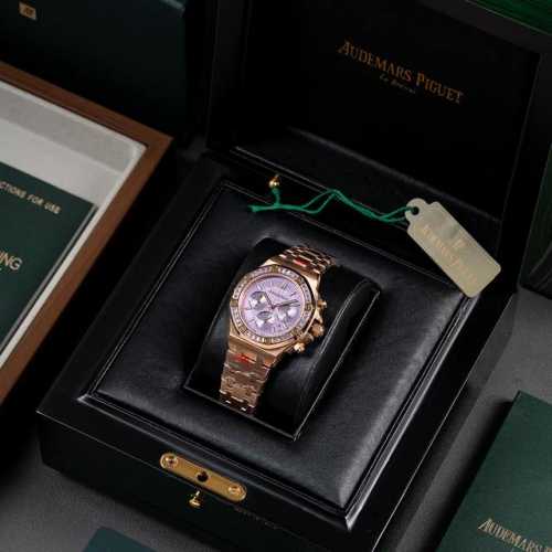 方钻白壳 玫瑰金 ，圆钻 爱彼26319Or紫水晶 全球限量款 非常高级美 出街不撞表的一款硬货 美女几乎人手一枚！精钢表壳镶钻八角钻石壳边设计 进口日本多动能