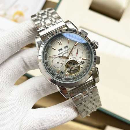 金白同价： ，百达斐丽-Patek Philippe 男士腕表 商务休闲 全新多功能风格 自动机械机芯 直径42Mm 厚底12Mm 钢化玻璃 316精钢壳套 底 - 点击图像关闭