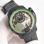 新品Hyt 品牌 H1 系列 机芯：机械全自动尺寸：46Mm 表壳：904钢表带：氟橡胶 由于机芯改造缘故手动上弦方向与原机芯相反 功能分别是：9点位圆盘外围有