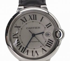 Cartier卡地亚蓝气球系列自动机械机芯 时尚潮流 防水日历 男表 瑞表 42Mm 银色表盘 精钢表壳 鳄鱼皮表带
