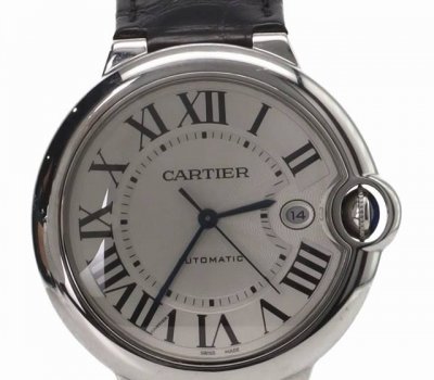 Cartier卡地亚蓝气球系列自动机械机芯 时尚潮流 防水日历 男表 瑞表 42Mm 银色表盘 精钢表壳 鳄鱼皮表带