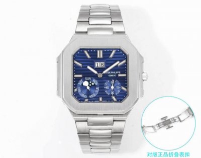 同价： 3K 百达翡丽重磅推出新系列Cubitus 钢带款5822腕表，明星同款。 这款牛仔色表带深蓝表盘，既经典又时尚，优雅与高级感完美平衡。 亮点特色：功能