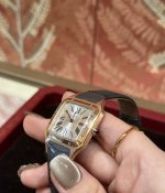 Santos-Dumont卡地亚山度士超薄杜蒙系列腕表，知性女士腕表，316L精钢表壳，蓝色尖晶石圆珠把头，阳光射线纹饰磨砂效果，经典罗马数字时标，珍珠贝母表盘