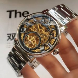 玫 钢加20￥ 品牌：卡地亚-Cartier精品男士腕表，简约三针搭配 镂空飞轮设计，316精钢表壳，全自动机械机芯，尺寸：42Mm厚12Mm，顶级进口牛皮表带