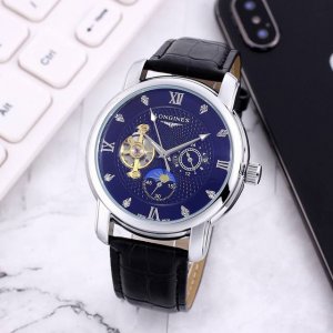 白： ，间金： ，全黑： ，全玫： ，浪琴一Longines九飞轮全自动日月星辰机械，6字位白天走时 太阳 晚上走时 月亮 [月亮]蕴含最优质的材料与一丝不苟的
