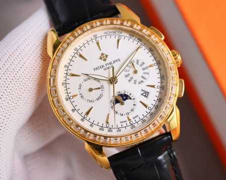 白壳 金壳 百达翡丽patek Philippe 复杂功能腕表，典雅高贵，搭配进口9100机芯 零返修 功能 24小时,星期，星辰，月份 进口316精钢！搭配意 - 点击图像关闭