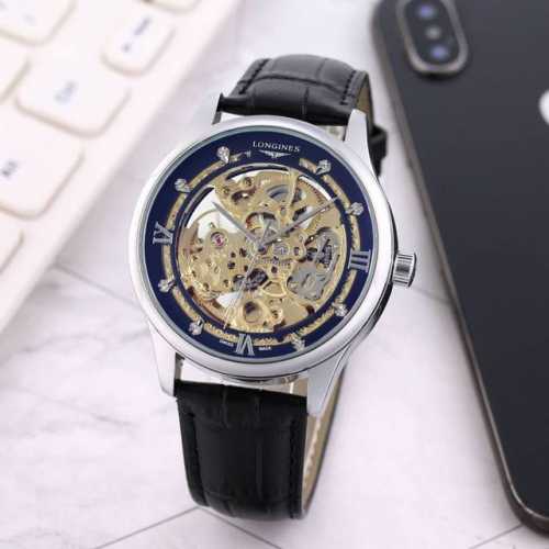真皮表带十双按蝴蝶扣 白： ，间金： ，浪琴 Longines，全自动雕花机芯，蕴含最优质的材料与一丝不苟的工艺！超强矿物质幻彩玻璃，真空电镀，精密防水，直径：