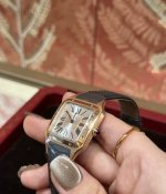 Santos-Dumont卡地亚山度士超薄杜蒙系列腕表，知性女士腕表，316L精钢表壳，蓝色尖晶石圆珠把头，阳光射线纹饰磨砂效果，经典罗马数字时标，珍珠贝母表盘